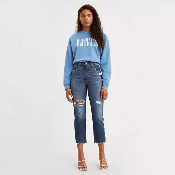 Levis High Rise Premium 501 Distressed Cropped Straight Jean Market Grammar 29 - Picture 1 of 10